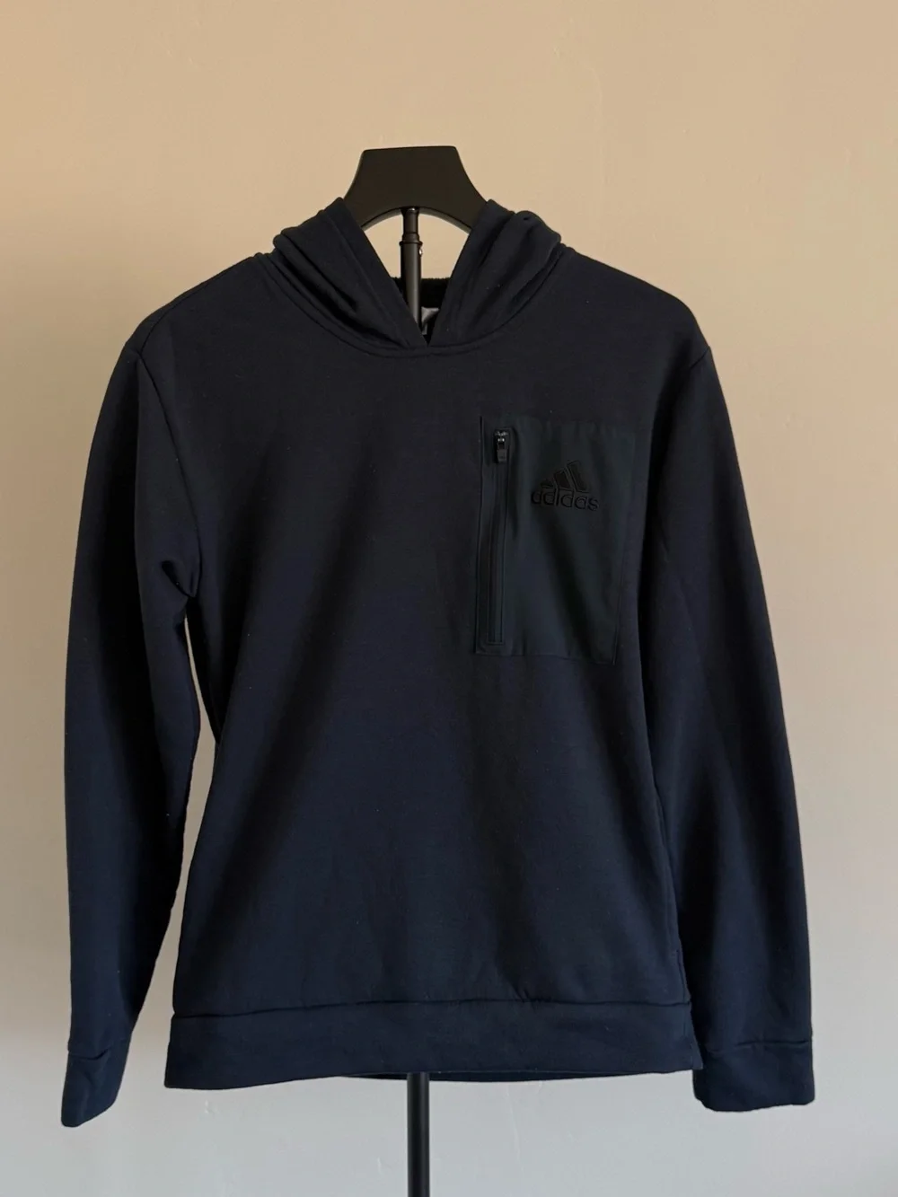 adidas Men's Blue Solid Fleece Pullover Hoodie Logo Zip Chest Pocket S